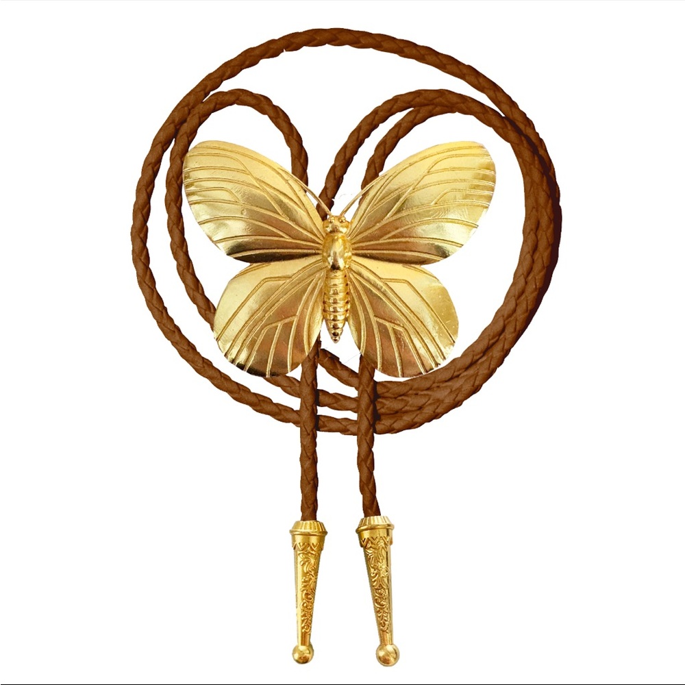 Gold Butterfly Bolo Tie with Brown Cord